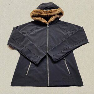 Marmot Women’s Black Softshell Jacket Fleece Lined Fur Trimmed Hood Size Medium